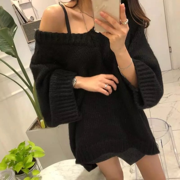Sweater knit wide sleeve cream white black V-neck womens loose top - Picture 3 of 14